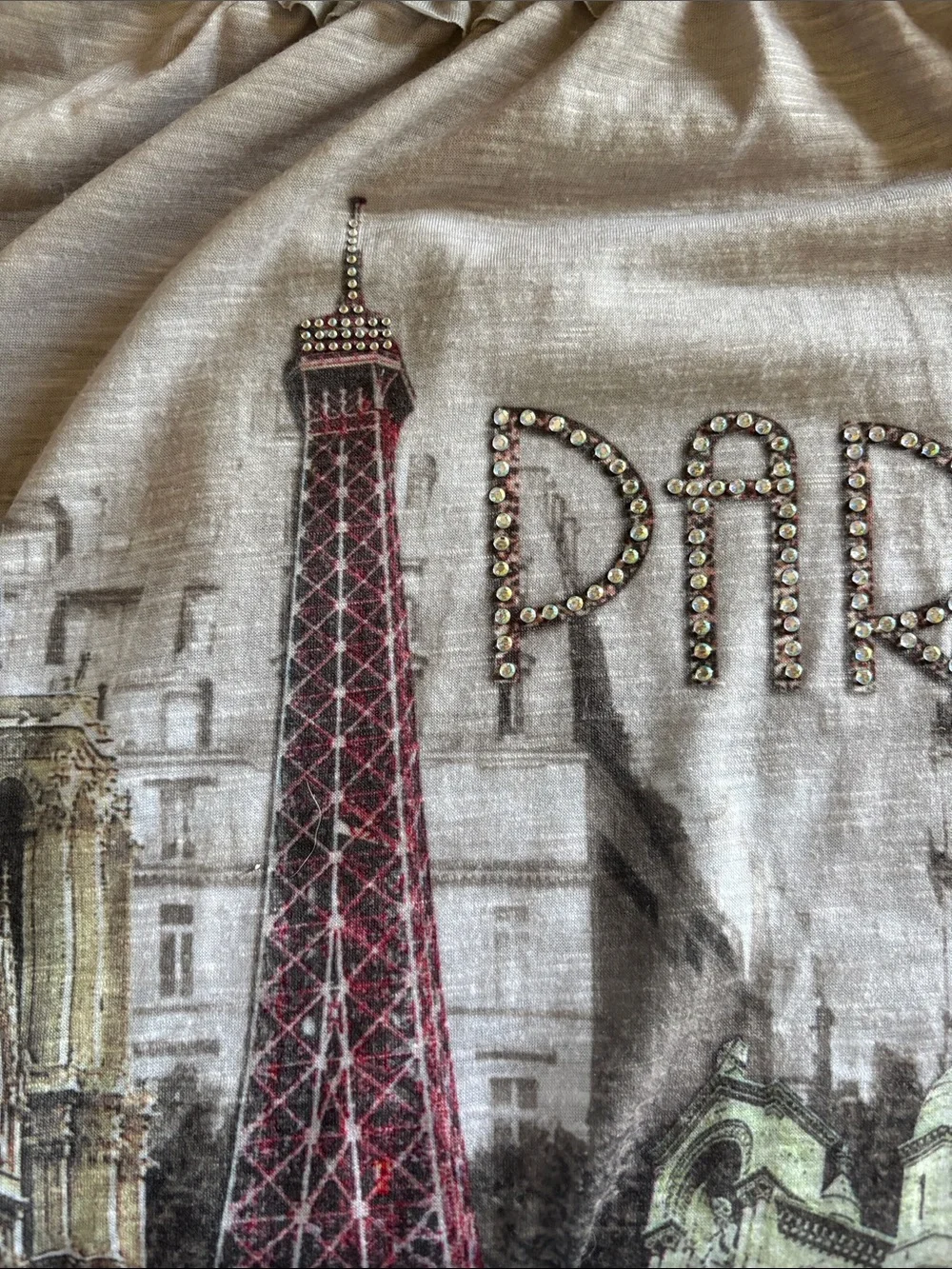 Gray Paris Skyline Off-Shoulder Tunic Top